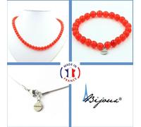 Parure de bijoux Bracelet Collier Perles de calcédoine rouges 8 mm Chaîne en acier inoxydable