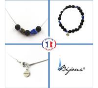 Parure de bijoux Bracelet Collier Perles de lave 8 mm + Lapis-lazuli du Pakistan Chaîne en acier inoxydable