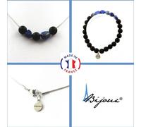 Parure de bijoux Bracelet Collier Perles d'onyx noires mates 8 mm + Lapis lazuli du Pakistan Chaîne en acier inoxydable