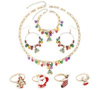 Parure de bijoux de Noël pour femme avec collier pendentif arbre de Noël, bracelet clochette, grandes boucles d'oreilles pendantes et bagues de Noël ouvertes pour fête de Noël