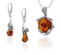 Parure de Bijoux en Argent Pour Femme Amber 060B Roses D'ambre, Pendentif Avec Chaîne et Boucles D'oreilles, Ambre de la Baltique, Argent 925