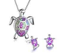 Parure de bijoux en forme de tortue pour femme - Collier et pendentif et boucles d'oreilles assorties - Émail opale et plaqué argent - avec boîte cadeau, Imitation opale de feu