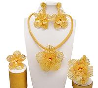 Parure de bijoux en or 24 carats de Dubaï, collier, bracelet, boucles d'oreilles, bague, motif fleur de rose, pour femme, pour fête de mariage