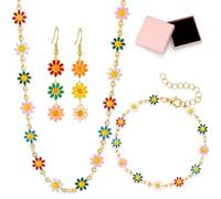 Parure de bijoux pour femme avec collier et bracelet en forme de marguerite colorée, Medium, Acier allié, Pas de gemme