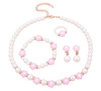 Parure de bijoux princesse avec fleurs et fausses perles pour déguisement | Lot de 4 colliers extensibles réglables avec perles et boucles d'oreilles à clip pour femme