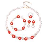Parure de bijoux princesse avec fleurs et fausses perles pour déguisement | Lot de 4 colliers extensibles réglables avec perles et boucles d'oreilles à clip pour femme