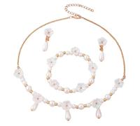 Parure de bijoux princesse avec fleurs et fausses perles pour déguisement | Lot de 4 colliers extensibles réglables avec perles et boucles d'oreilles à clip pour femme