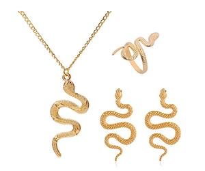 Parure de bijoux serpent gothique pour femme avec collier, bague, boucles d'oreilles, collier serpent superposé, collier serpent doré pour femme, adjustable, Métal, Pas de gemme