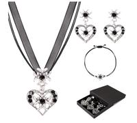 Parure de bijoux traditionnels 4 pièces pour femme, bijoux Dirndl bavarois, collier traditionnel, collier cœur et boucles d'oreilles, bracelet edelweiss, bijoux traditionnels Oktoberfest (black)