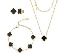 Parure de bijoux trèfle à quatre feuilles plaqué or 18 carats en acier inoxydable double face - Collier boucles d'oreilles bracelet bague Saint Valentin fête des mères cadeau de Noël pour femme et