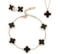 Parure de bijoux trèfle à quatre feuilles plaqué or 18 carats - En acier inoxydable - Double face - Collier et boucles d'oreilles - Bracelet pour la Saint-Valentin, la fête des mères, Noël - Cadeau