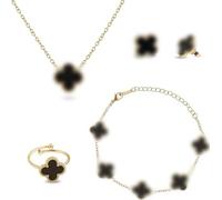 Parure de bijoux trèfle à quatre feuilles plaqué or 18 carats en acier inoxydable double face - Collier boucles d'oreilles bracelet bague Saint Valentin fête des mères cadeau de Noël pour femme et