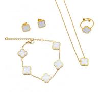 Parure de bijoux trèfle à quatre feuilles plaqué or 18 carats en acier inoxydable double face - Collier boucles d'oreilles bracelet bague Saint Valentin fête des mères cadeau de Noël pour femme et