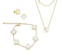 Parure de bijoux trèfle à quatre feuilles plaqué or 18 carats en acier inoxydable double face - Collier boucles d'oreilles bracelet bague Saint Valentin fête des mères cadeau de Noël pour femme et
