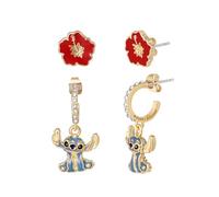 Parure de boucles d'oreilles créoles Disney Lilo et Stitch - Boucles d'oreilles pendantes en laiton avec fleurs d'hibiscus émaillées et coutures - Licence officielle
