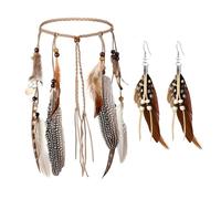 Parure de cheveux indienne 2 pièces pour femme, bijou de cheveux en plumes, chaîne de tête avec boucles d'oreilles bohème, bijoux indiens pour femme pour costume indien, costume de carnaval