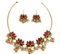 Parure de collier traditionnelle indienne en forme de fleur de lotus plaqué or, émail rose et vert avec perles de perles, bijoux de style ras du cou