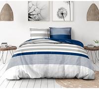 Parure de Couette 220x240 cm - 3 pièces - Percale de Coton Douce - Housse + taies - Blanc & Bleu Encre - Modèle La Courtisane
