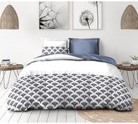 Parure de Couette 240x260 cm - 3 pièces - Percale de Coton Douce - Housse + taies - Blanc & Bleu - Modèle L'élégante