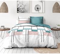 Parure de Couette 240x260 cm - 3 pièces - Percale de Coton Douce - Housse + taies - Blanc & Bleu Pastel - Modèle L'intrigante