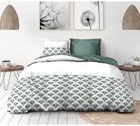 Parure de Couette 240x260 cm - 3 pièces - Percale de Coton Douce - Housse + taies - Blanc & Vert - Modèle L'élégante