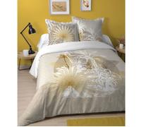 Lovely CASA - Housse de Couette Maldives 260 x 240 cm et 2 taies d'oreiller 63 x 63 cm, 100% Coton 57 Fils, Certifiée Oekotex - Naturel, Voyage, Palmier, Jaune, Or HP4B095001
