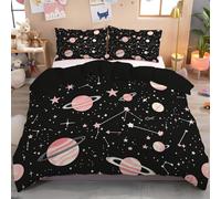 Parure de Couette Planètes comètes Constellations Motif Parure de Lit en Microfibre Thème Spatial Housse de Couette 240x220cm avec 2 Taies d'oreiller 65x65cm, Noir et Rose