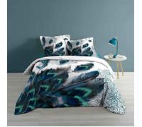 Parure de couette Plumes de Paon et Mandala blanc - bleu 240 x 220 cm