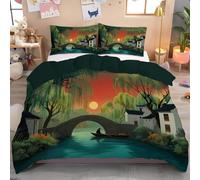 Parure de Couette Saules Pont de Pierre Motif Parure de Lit en Microfibre Illustration Chinoise Housse de Couette 140x200cm avec 1 Taies d'oreiller 65x65cm, Vert