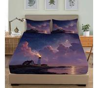 Parure de Drap Housse 3 Pièces 140x190 cm Ciel éToilé de RêVe Et Vue sur La Mer Parure de Lit Microfibre, Profonde 30 cm AtmosphèRe Antidérapante, Résistante aux Rides, Housse de Matelas Ajustable