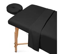 Parure de draps 3 pièces en microfibre pour table de massage - Drap-housse, drap plat et housse pour têtière (noir)
