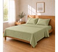 Parure de draps microfibre 240x250 / 180x200+25 / 50x80x2, Vert sauge | Ensemble complet drap plat, drap-housse à bonnet 25 cm et taie assortie, microfibre douce à fines rayures ton sur ton