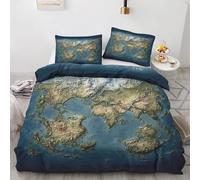 Parure de Iit 155 x 220 cm Carte du Monde - Housse de Couette Montagnes Terre Océan Géographie - Microfibre Réversible Housse Couette - avec Fermeture éclair et 2 Taies d'oreiller de 65 x 65 cm
