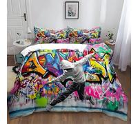 Parure De Lit 1/2 Personne Street Art Graffiti Coloré Hip-Hop 240x260 cm 3D Housse De Couette Sets de Housses De Couettes Adulte Ado Enfants, avec 2 Taies d'oreiller 65x65 cm