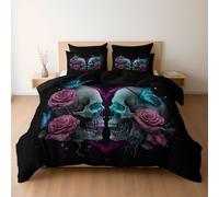 Parure de lit 1 Personne avec Housse de Couette 140 x 200 + Taies d'oreiller, Motif Crâne Fantastique Roses Papillons Bleus, Parure Couette avec Fermetures éclair, Noir