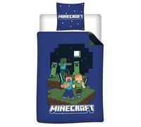 Aymax Parure de lit Minecraft – Polycoton, housse de couette réversible 140x200 cm + taie 65x65 cm
