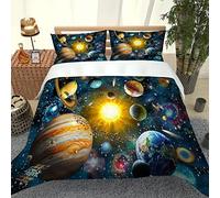 Parure de Lit 1 Personnes en Microfibre avec Fermeture Éclair, 3D Planète De L'Univers Bleu Motif Housse De Couette 140x200cm Et 2 Taie d'oreiller 65x65cm, Literie Imprimé Parure De Lit Enfant
