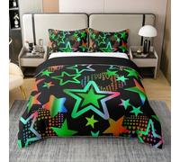 Parure de lit 100 % coton avec housse de couette et 2 taies d'oreiller pour enfants, adolescents et adultes - Housse de couette à motif d'étoiles et de cœurs colorés arc-en-ciel - Pour lit super king