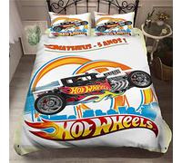 Parure De Lit 100% Doux Confortable Microfibre Voiture De Sport Hot Wheels - 1 Housse De Couette + 2 Taies d'oreiller 80 X 80 Fermeture Éclair Rose Gris (140 x 200 cm,Course 01)