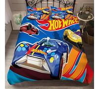 Parure De Lit 100% Doux Confortable Microfibre Voiture De Sport Hot Wheels - 1 Housse De Couette + 2 Taies d'oreiller 80 X 80 Fermeture Éclair Rose Gris (140 x 200 cm,Course 03)