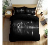 Parure de lit 140 x 200 cm Adulte Enfant Noir et Blanc New York Ville Horizon Housse de Couette en Polyester, Ensemble de literie avec Art Photographique Housse de Couette + Taie d'oreiller
