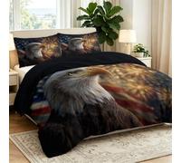 Parure de Lit 140 x 200 cm, Housse de Couette en Microfibre Brossée Douce avec Fermeture Éclair, Linge de Lit Americain Vintage Aigles Drapeaux Feux d'artifice, 2 Taies d'oreiller, Marron Bleu