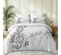 Parure de Lit 140 x 200 cm Illustration Minimaliste, Housse de Couette Clef Notes Musique Fleurs, Parure de Lit en Microfibre Douce avec Fermeture éclair Taie d'oreiller, Blanc