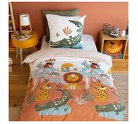 Parure de lit 140x200 cm Enfant - Housse de Couette + 1 Taie d'oreiller 63x63 cm Motif imprimé Savane Vert, Bleu, Jaune- 100% Coton