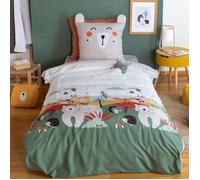 Parure de lit 140x200 cm enfant - Housse de Couette + Taie d'oreiller animaux de la forêt vert et beige avec poche doudou