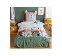 Parure de lit 140x200 cm enfant - Housse de Couette + Taie d'oreiller animaux de la forêt vert et beige avec poche doudou