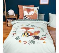 Parure de lit 140x200 cm Enfant réversible - Housse de Couette + 1 Taie d'oreiller Motif imprimé Renard Vert - 100% Coton