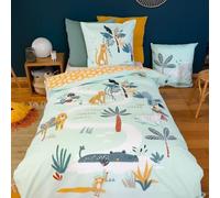 Parure de lit 140x200 cm Enfant réversible- Housse de Couette 140x200 cm + 1 Taie d'oreiller 63x63 cm Motif imprimé Jungle Vert, Bleu, Jaune- Set de Housse de Couette 100% Coton