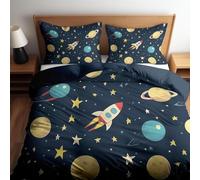 Parure de lit 140x200 cm Enfant Thème de l'espace Vol en vaisseau Motif Housse de Couette en Microfibre pour Filles Garçon Ado, Ensemble de literie avec 1 Housse de Couette + 1 Taie d'oreiller 65x65
