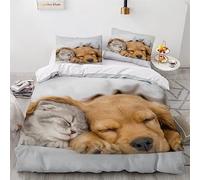 Parure de Lit 140x200 Enfant Fille Garçon Chien Chat Housse de Couette 1 personne 3D Motif Mignon Animal Compagnie avec Fermeture Éclai Doux Respirant Microfibre 3 Pièces,2 Taies d'oreiller 50x75